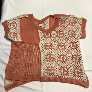 POL Crochet Patchwork Knit Top Orange Cream Boho Floral Granny Square FST331 M